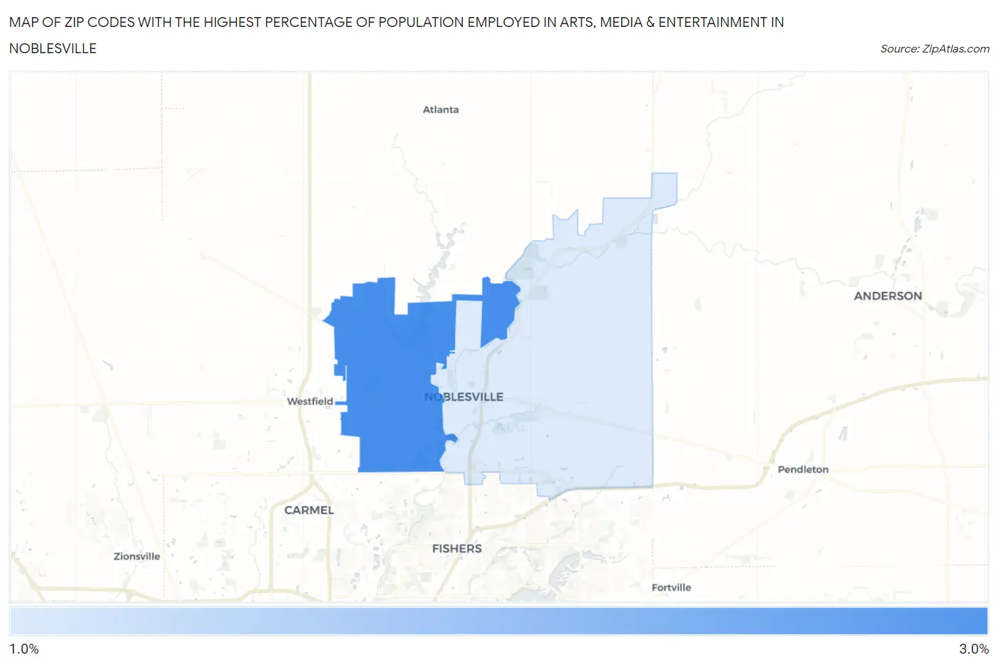 Zip Codes with the Highest Percentage of Population Employed in Arts, Media & Entertainment in Noblesville Map