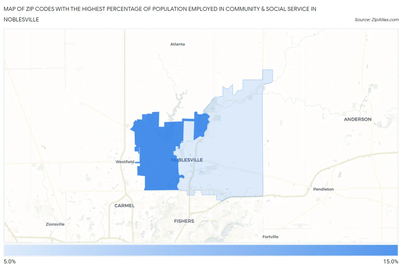 Zip Codes with the Highest Percentage of Population Employed in Community & Social Service  in Noblesville Map