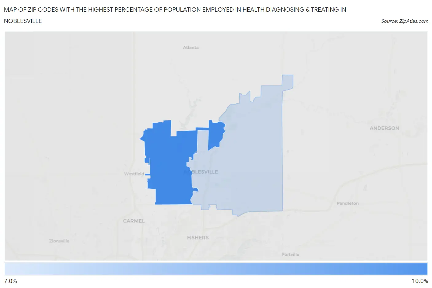 Zip Codes with the Highest Percentage of Population Employed in Health Diagnosing & Treating in Noblesville Map