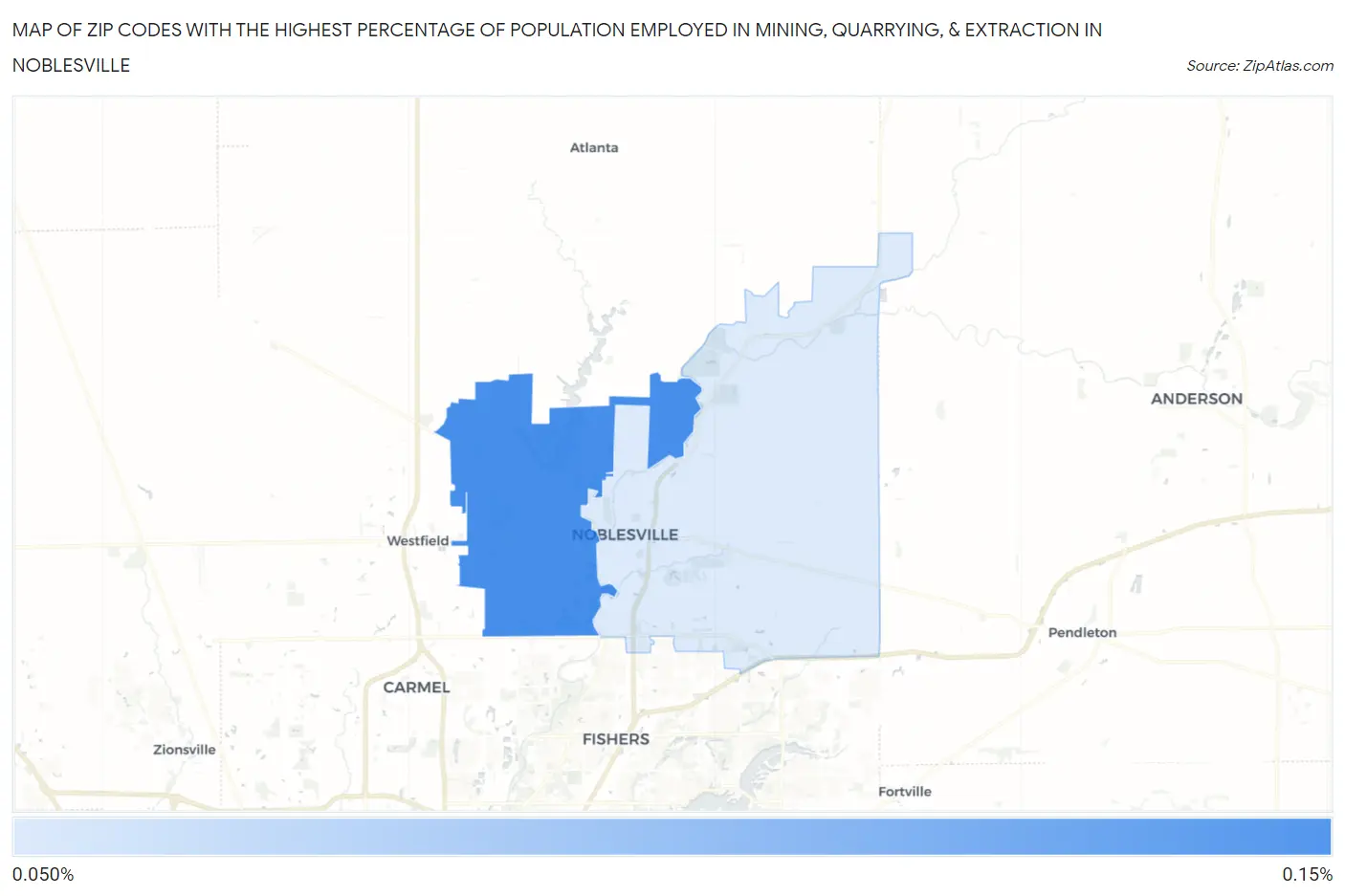 Zip Codes with the Highest Percentage of Population Employed in Mining, Quarrying, & Extraction in Noblesville Map