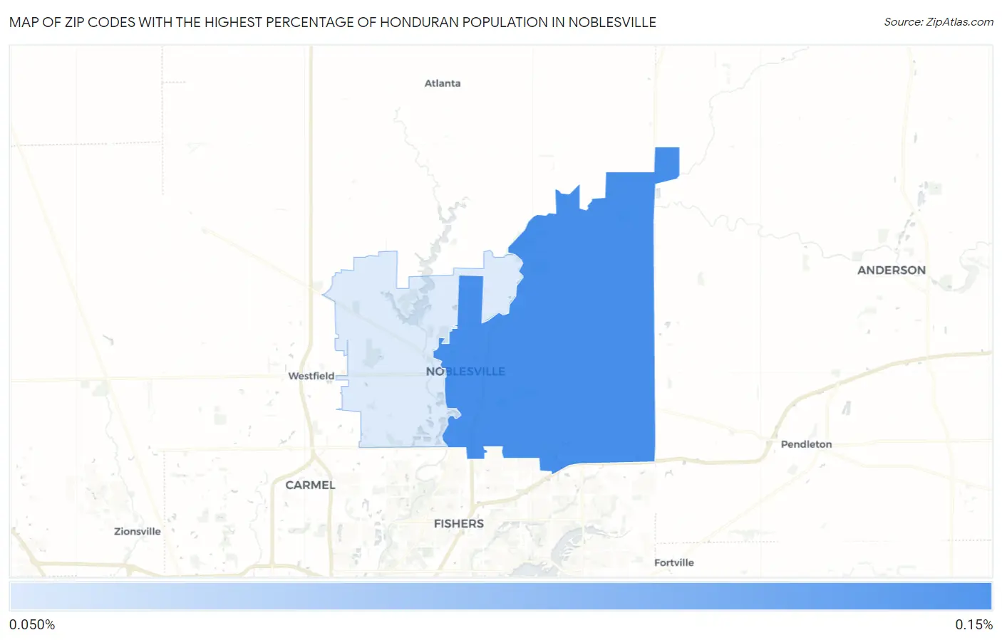 Zip Codes with the Highest Percentage of Honduran Population in Noblesville Map