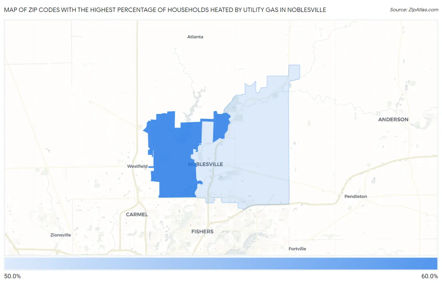 Zip Codes with the Highest Percentage of Households Heated by Utility Gas in Noblesville Map
