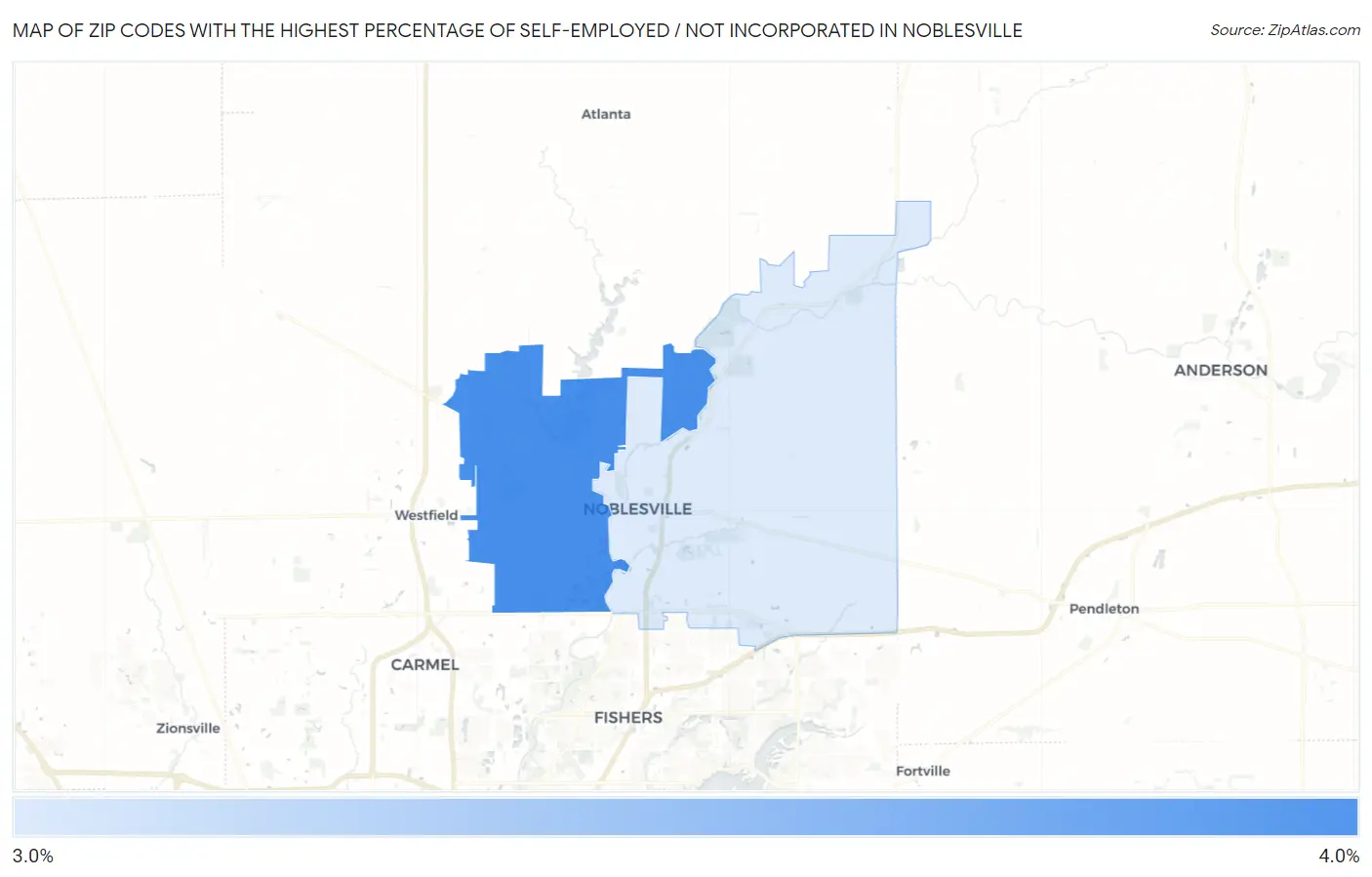 Zip Codes with the Highest Percentage of Self-Employed / Not Incorporated in Noblesville Map