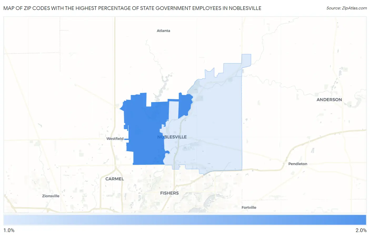 Zip Codes with the Highest Percentage of State Government Employees in Noblesville Map