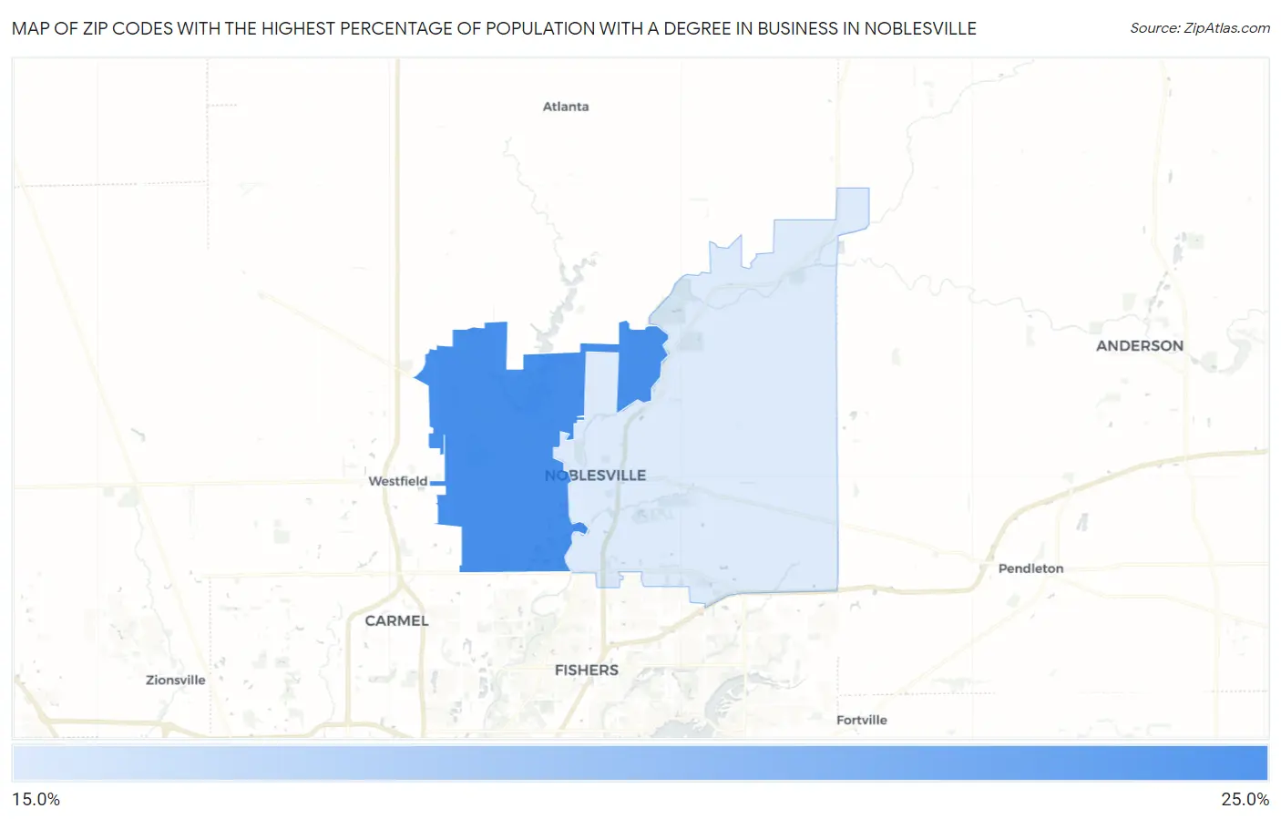 Zip Codes with the Highest Percentage of Population with a Degree in Business in Noblesville Map