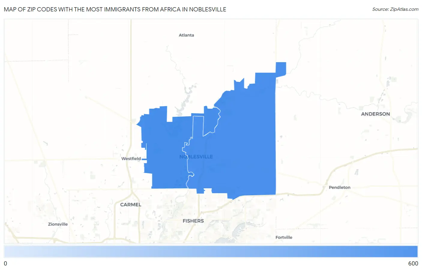 Zip Codes with the Most Immigrants from Africa in Noblesville Map