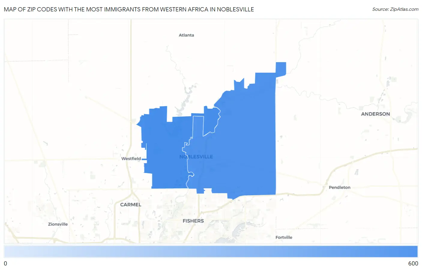 Zip Codes with the Most Immigrants from Western Africa in Noblesville Map