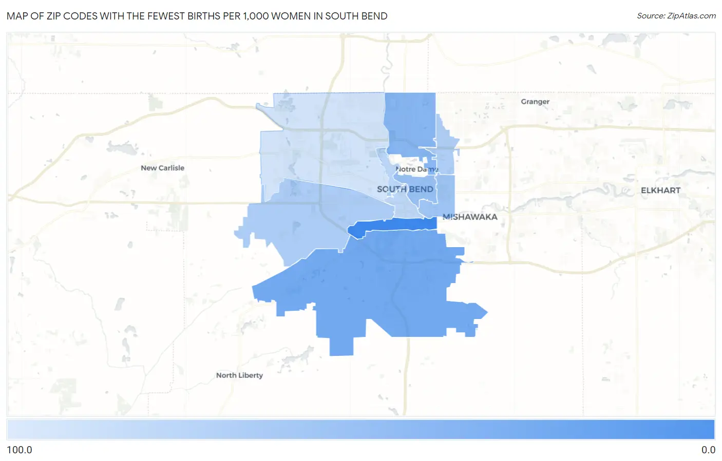 Zip Codes with the Fewest Births per 1,000 Women in South Bend Map