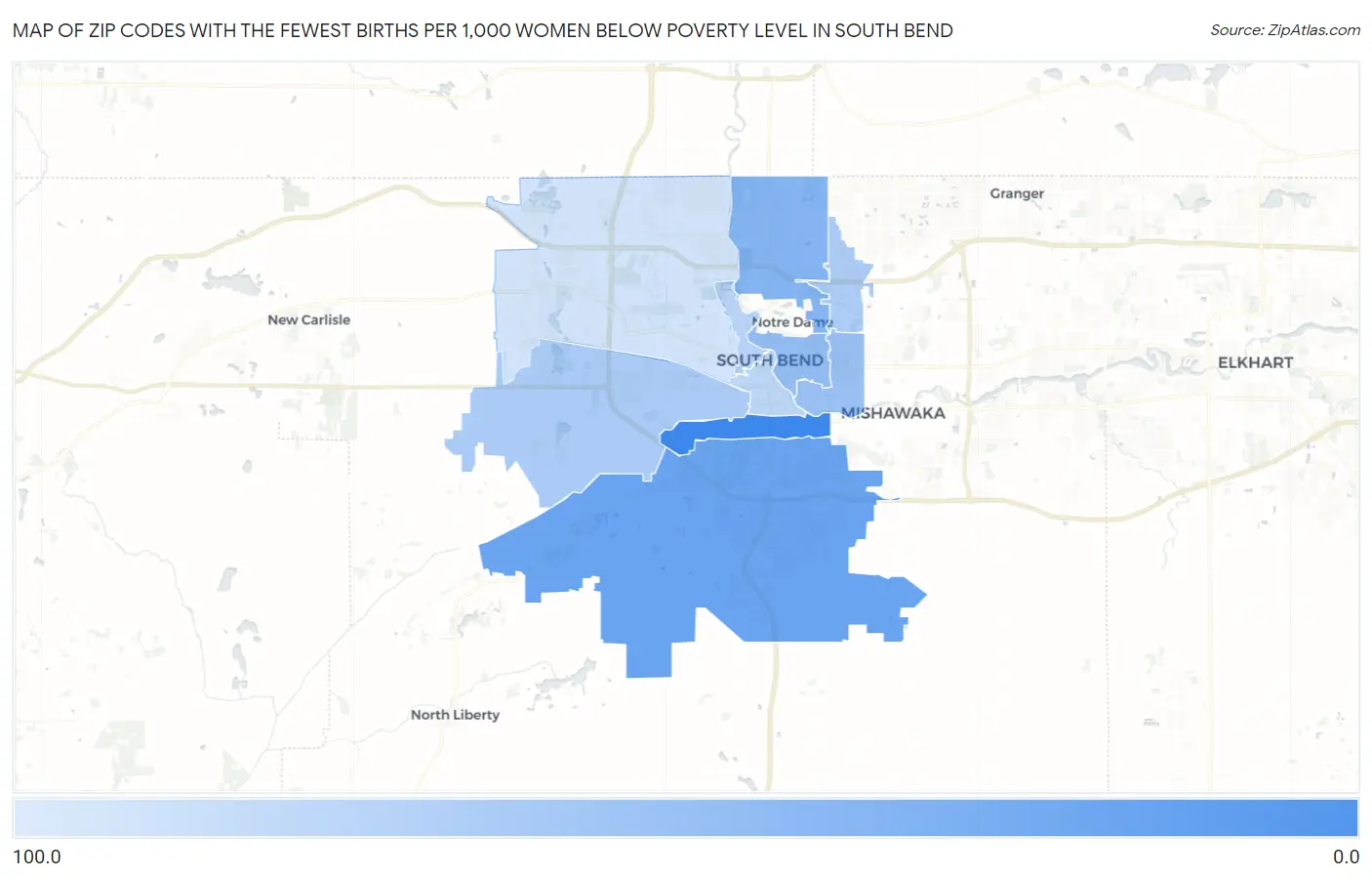 Zip Codes with the Fewest Births per 1,000 Women Below Poverty Level in South Bend Map