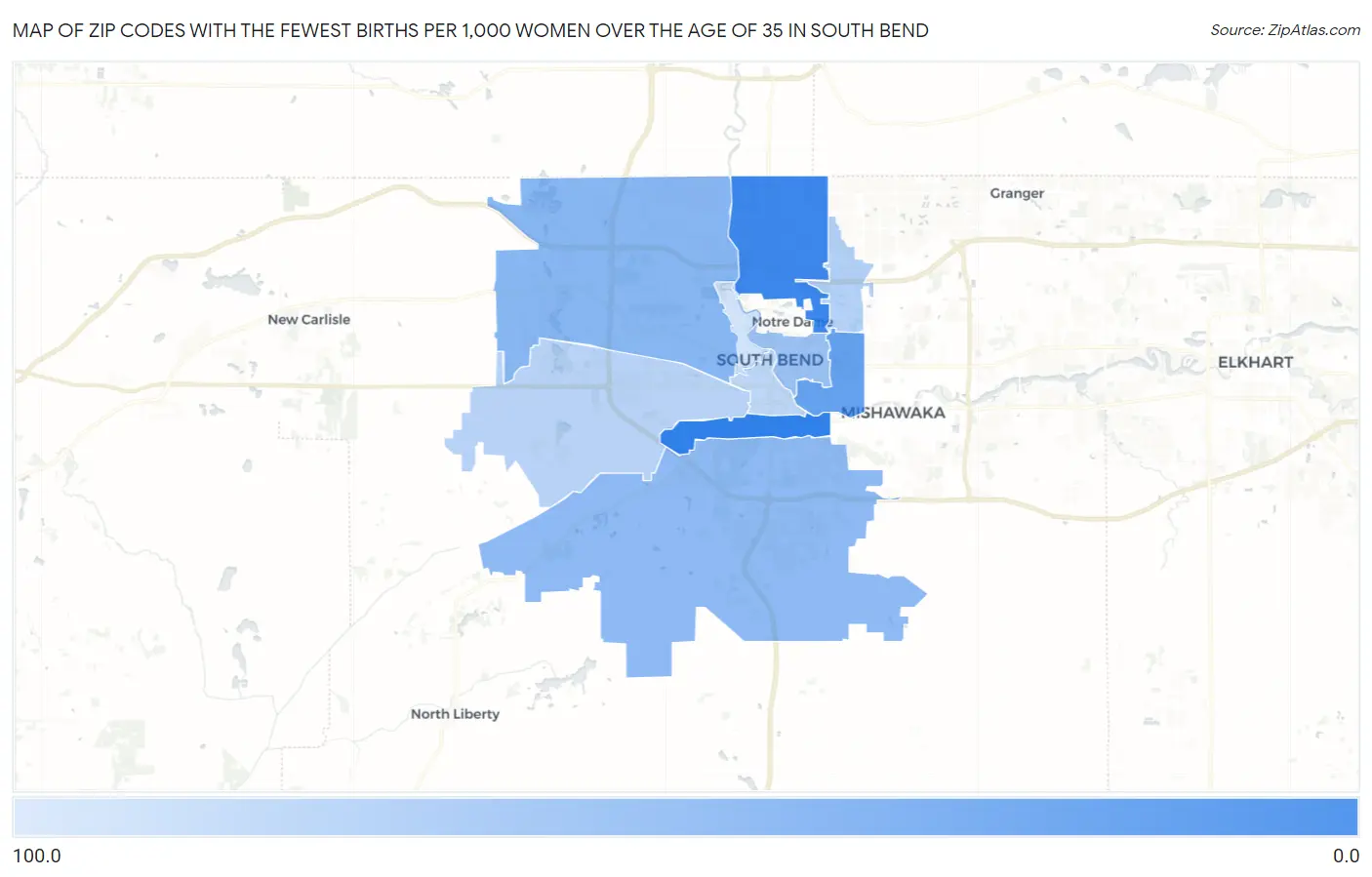 Zip Codes with the Fewest Births per 1,000 Women Over the Age of 35 in South Bend Map