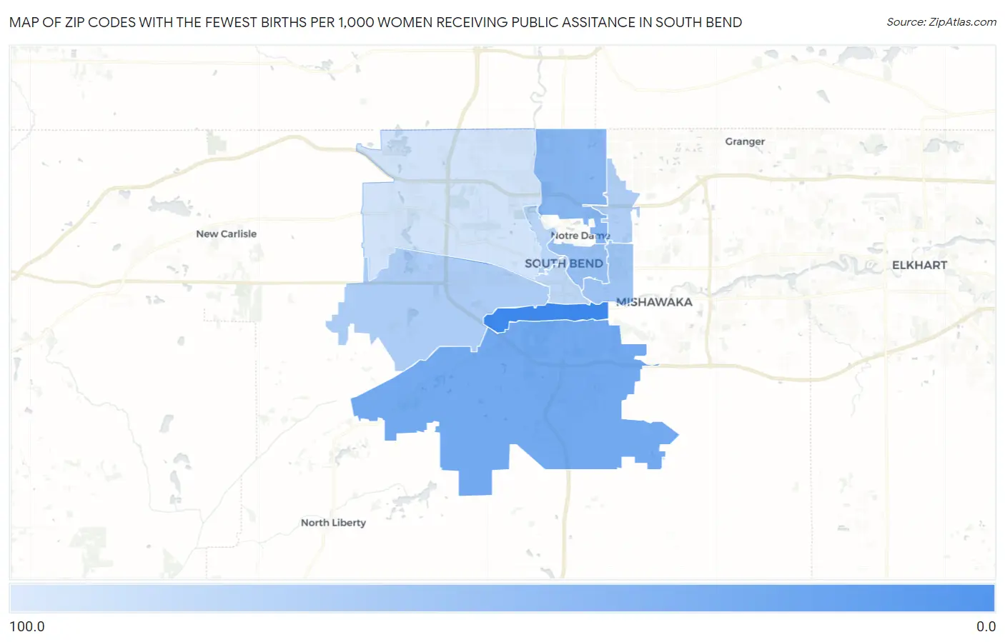 Zip Codes with the Fewest Births per 1,000 Women Receiving Public Assitance in South Bend Map