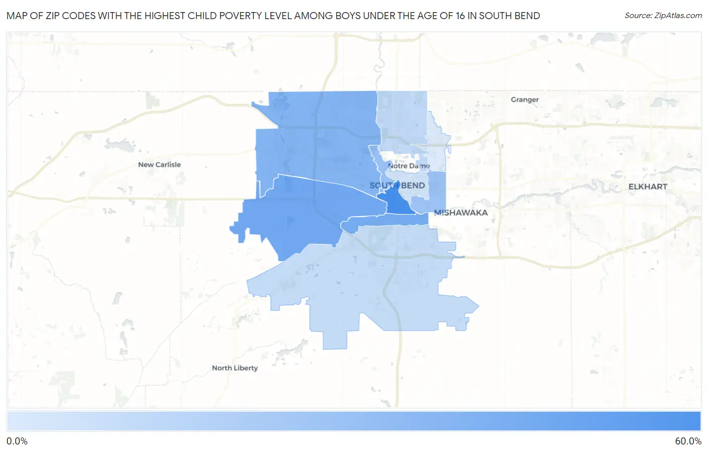 Zip Codes with the Highest Child Poverty Level Among Boys Under the Age of 16 in South Bend Map