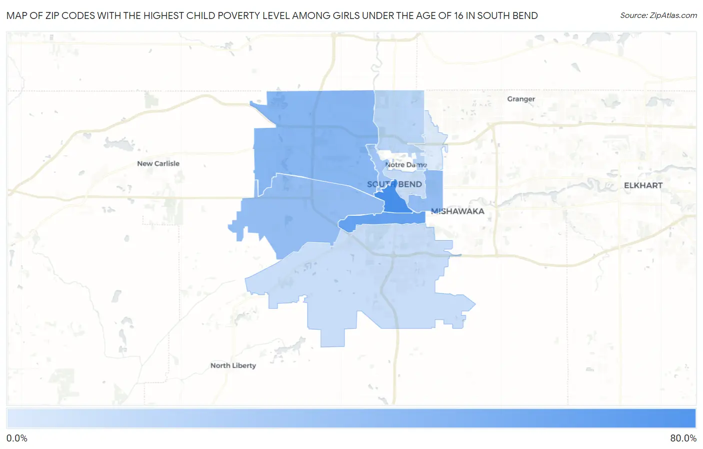 Zip Codes with the Highest Child Poverty Level Among Girls Under the Age of 16 in South Bend Map
