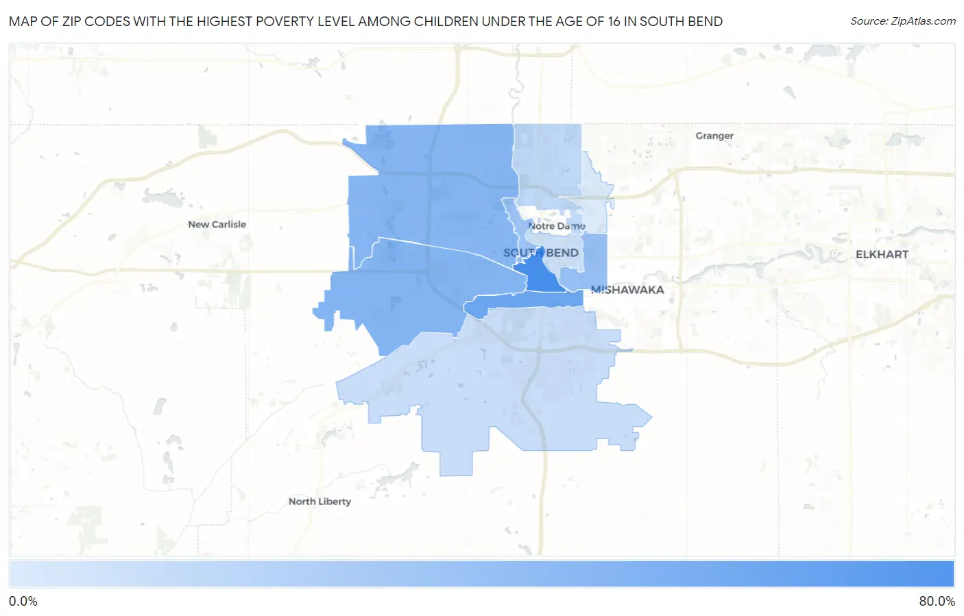Zip Codes with the Highest Poverty Level Among Children Under the Age of 16 in South Bend Map