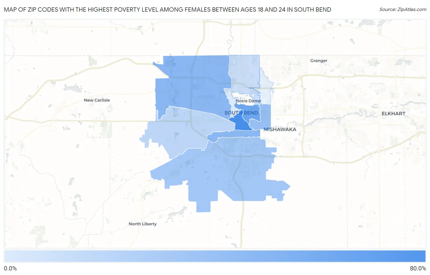 Zip Codes with the Highest Poverty Level Among Females Between Ages 18 and 24 in South Bend Map