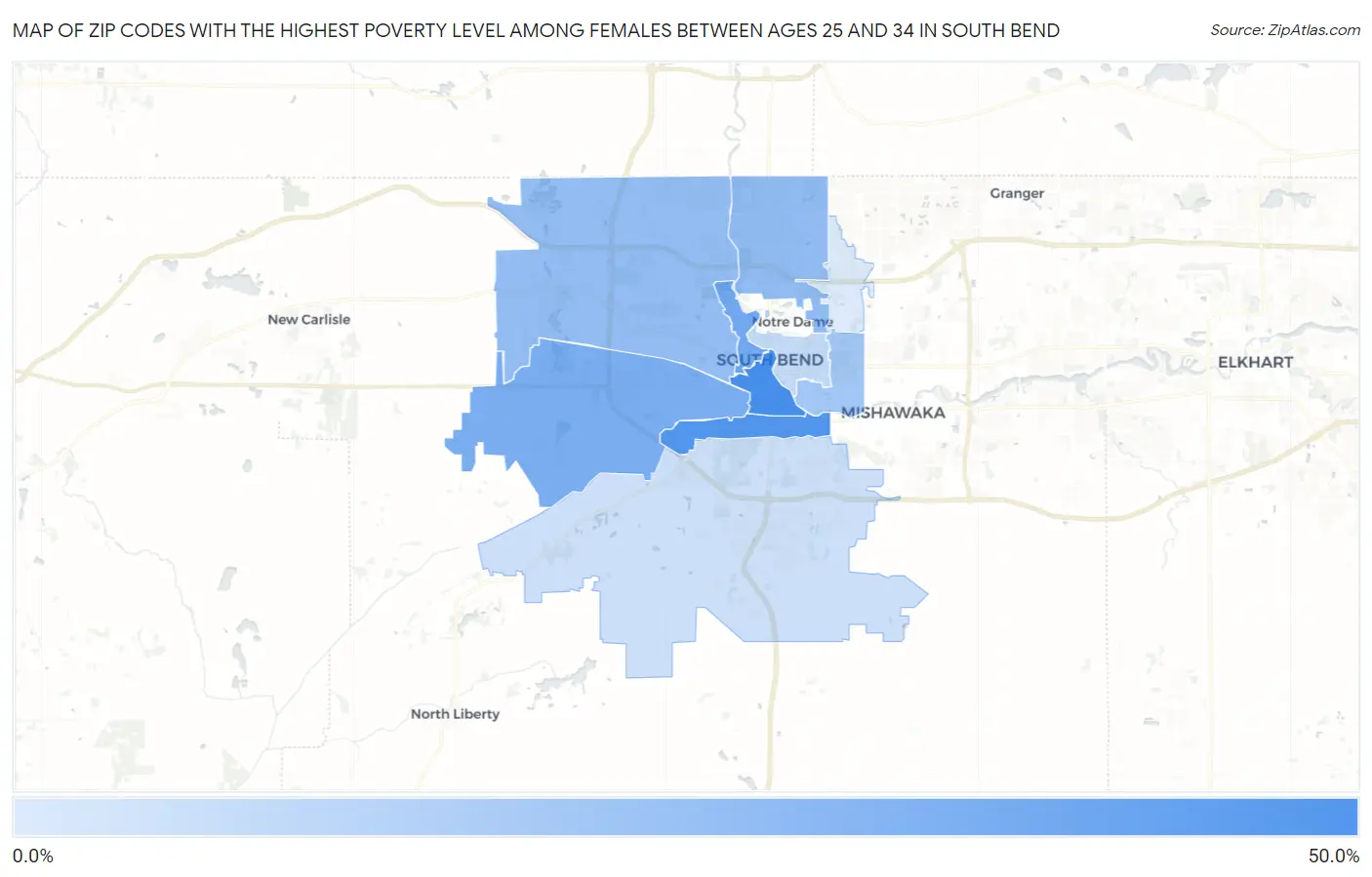 Zip Codes with the Highest Poverty Level Among Females Between Ages 25 and 34 in South Bend Map