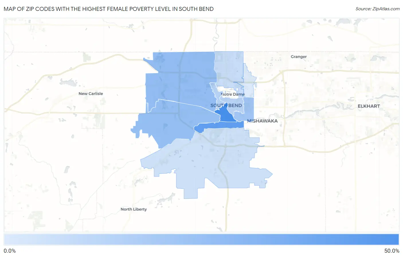 Zip Codes with the Highest Female Poverty Level in South Bend Map