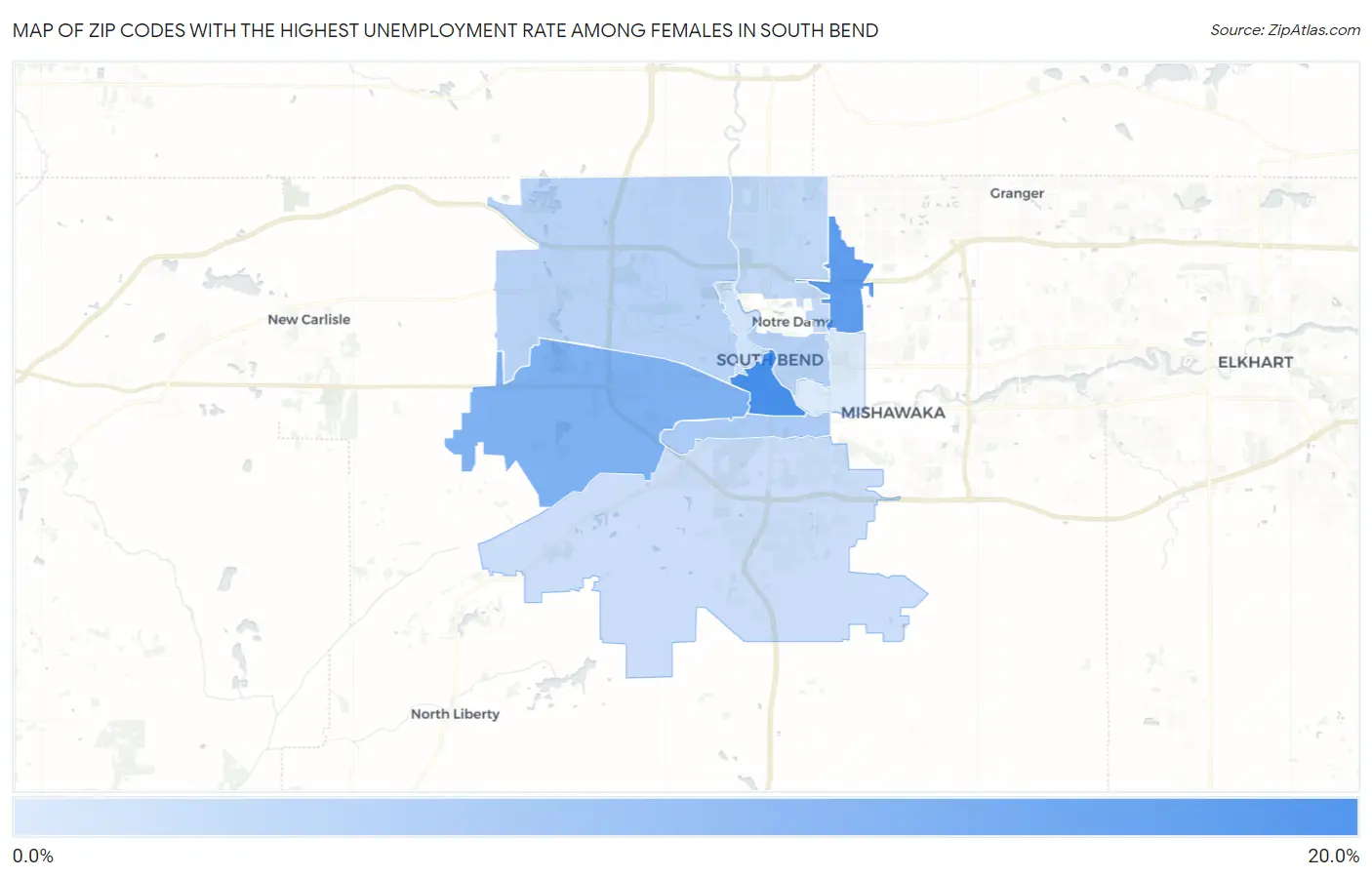Zip Codes with the Highest Unemployment Rate Among Females in South Bend Map