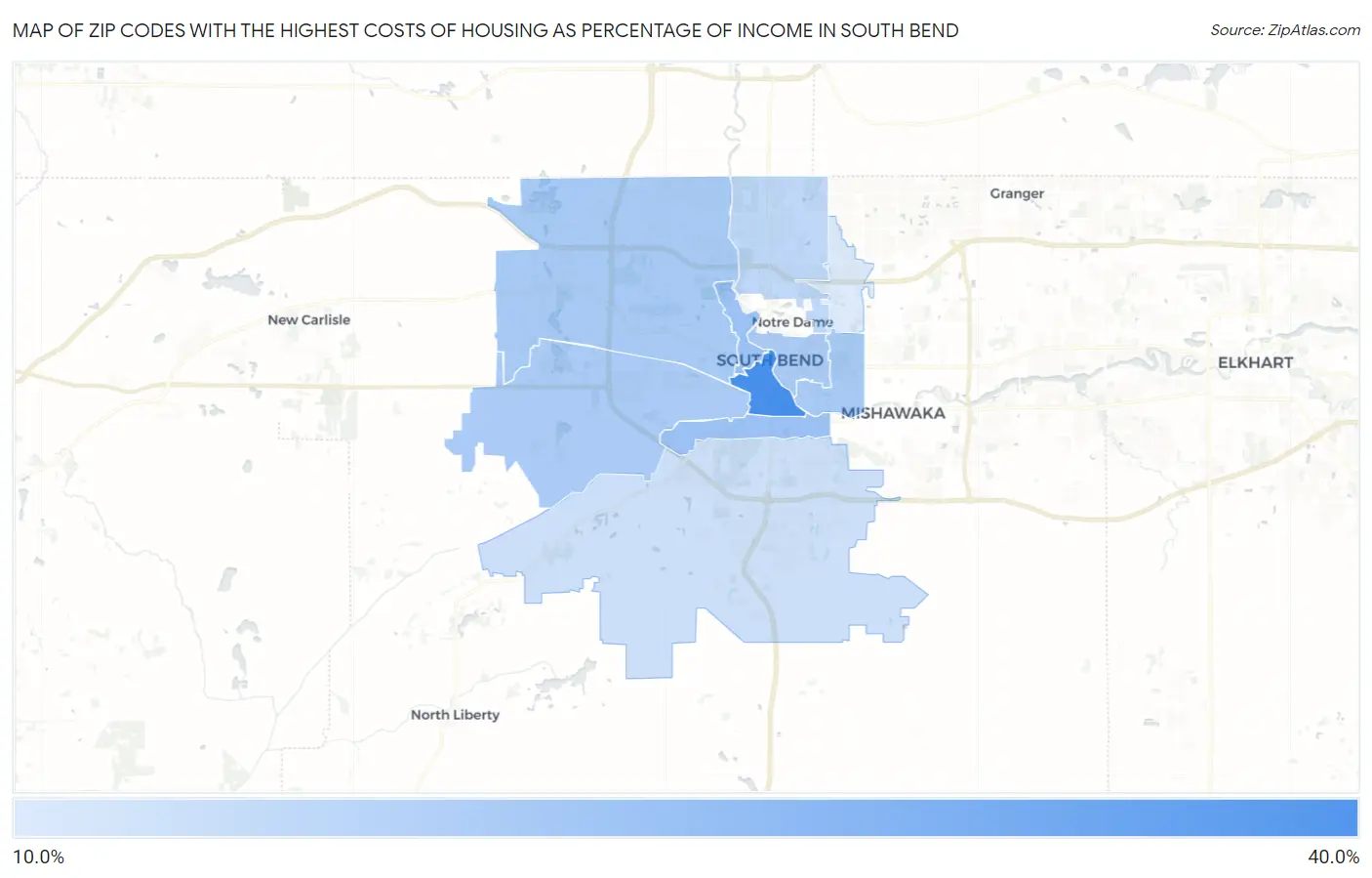 Zip Codes with the Highest Costs of Housing as Percentage of Income in South Bend Map