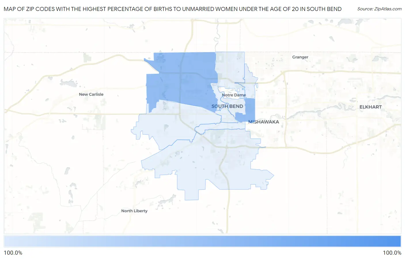 Zip Codes with the Highest Percentage of Births to Unmarried Women under the Age of 20 in South Bend Map