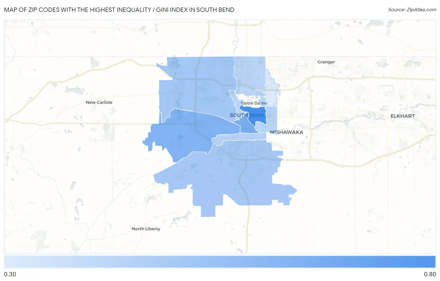 Zip Codes with the Highest Inequality / Gini Index in South Bend Map