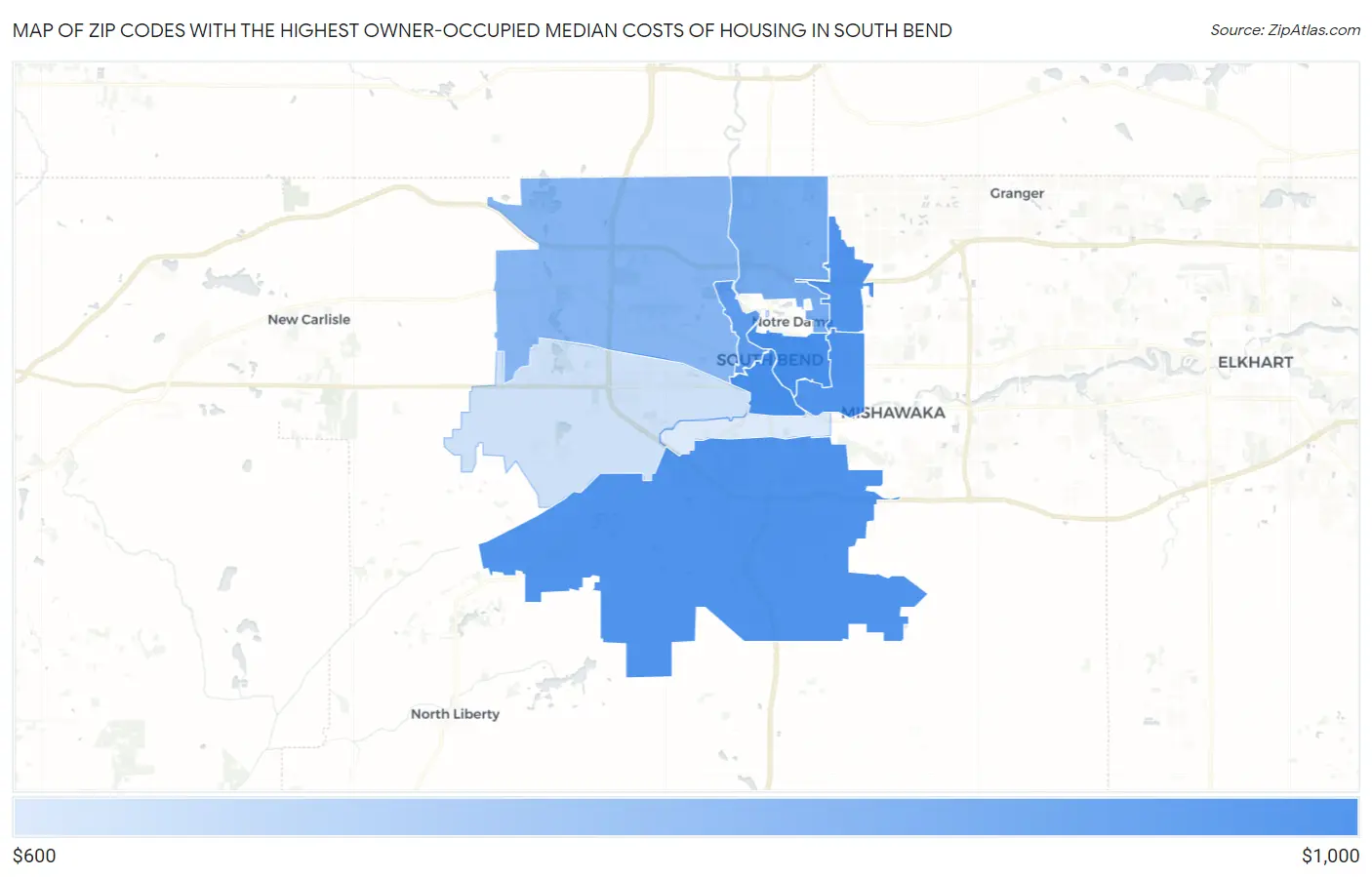Zip Codes with the Highest Owner-Occupied Median Costs of Housing in South Bend Map