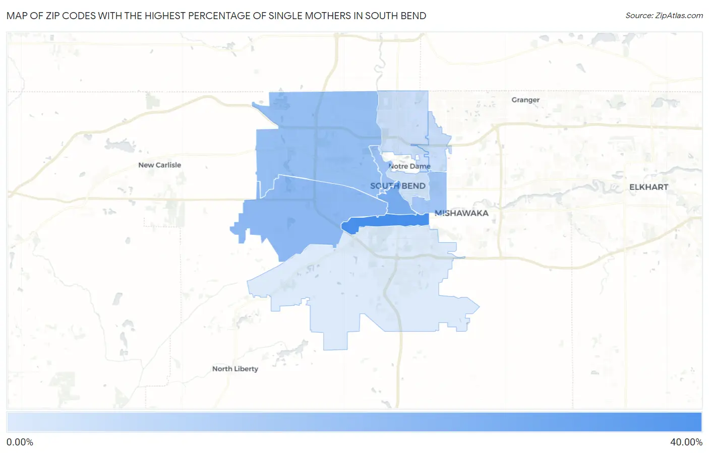 Zip Codes with the Highest Percentage of Single Mothers in South Bend Map