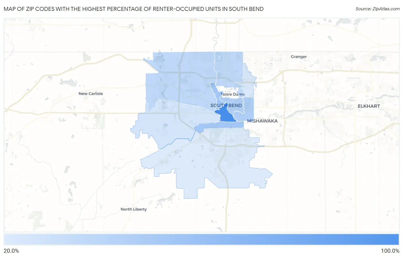 Zip Codes with the Highest Percentage of Renter-Occupied Units in South Bend Map