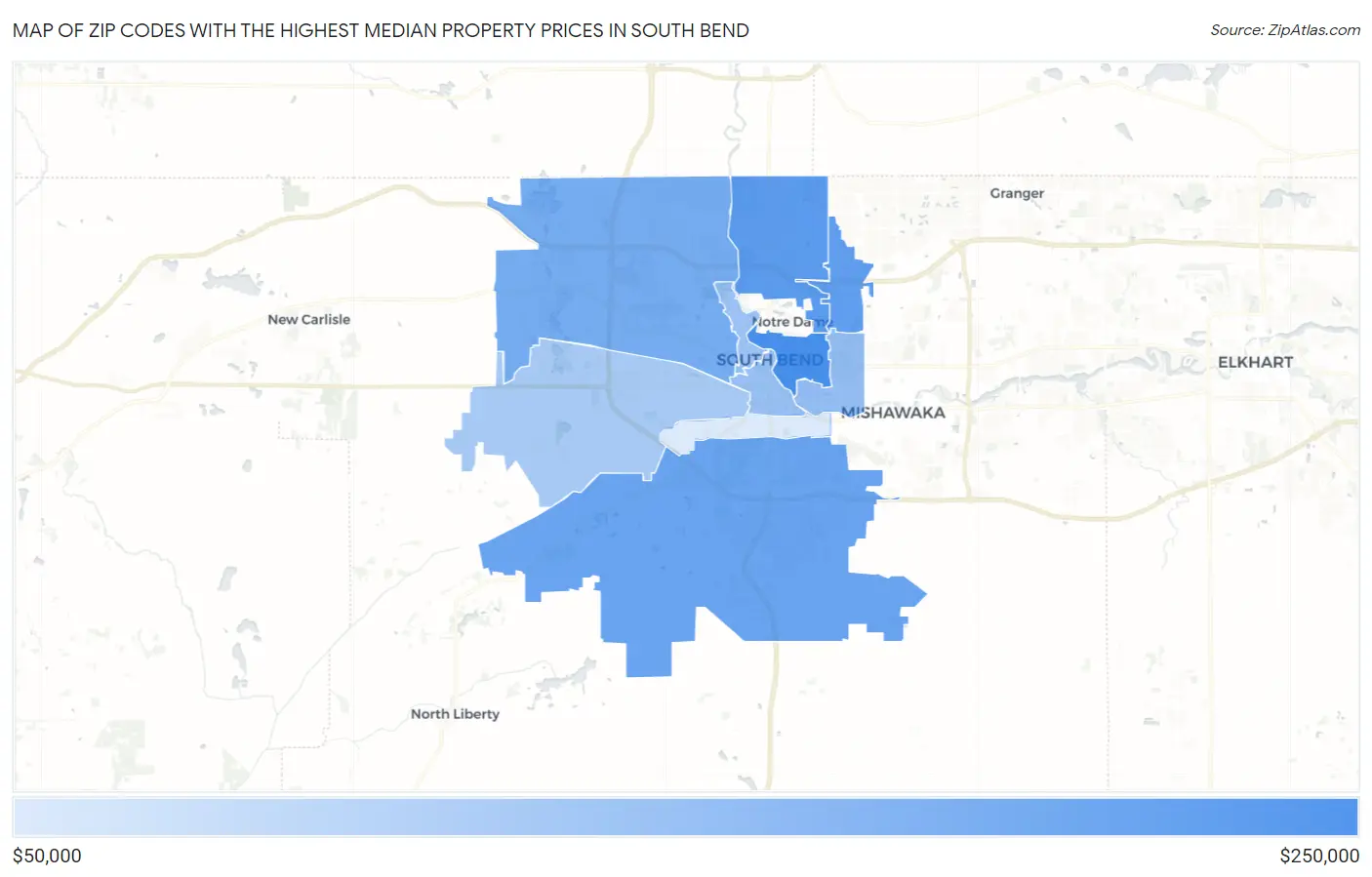 Zip Codes with the Highest Median Property Prices in South Bend Map