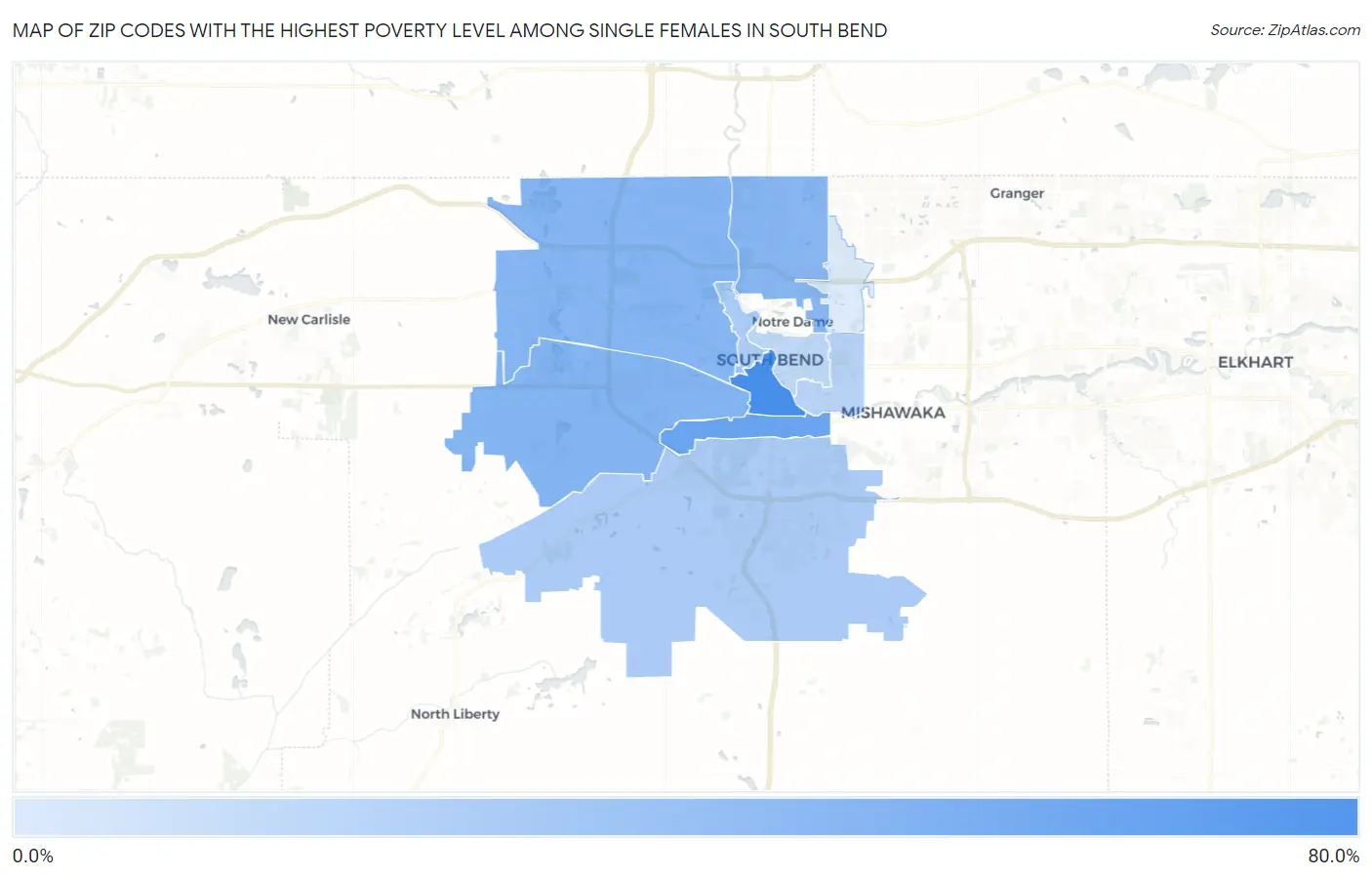 Zip Codes with the Highest Poverty Level Among Single Females in South Bend Map