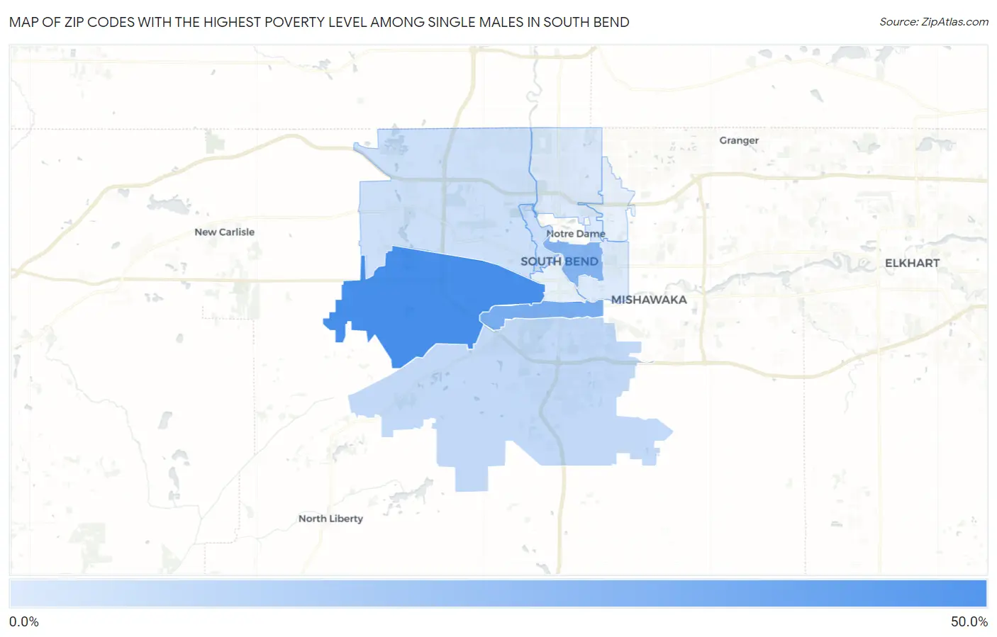 Zip Codes with the Highest Poverty Level Among Single Males in South Bend Map