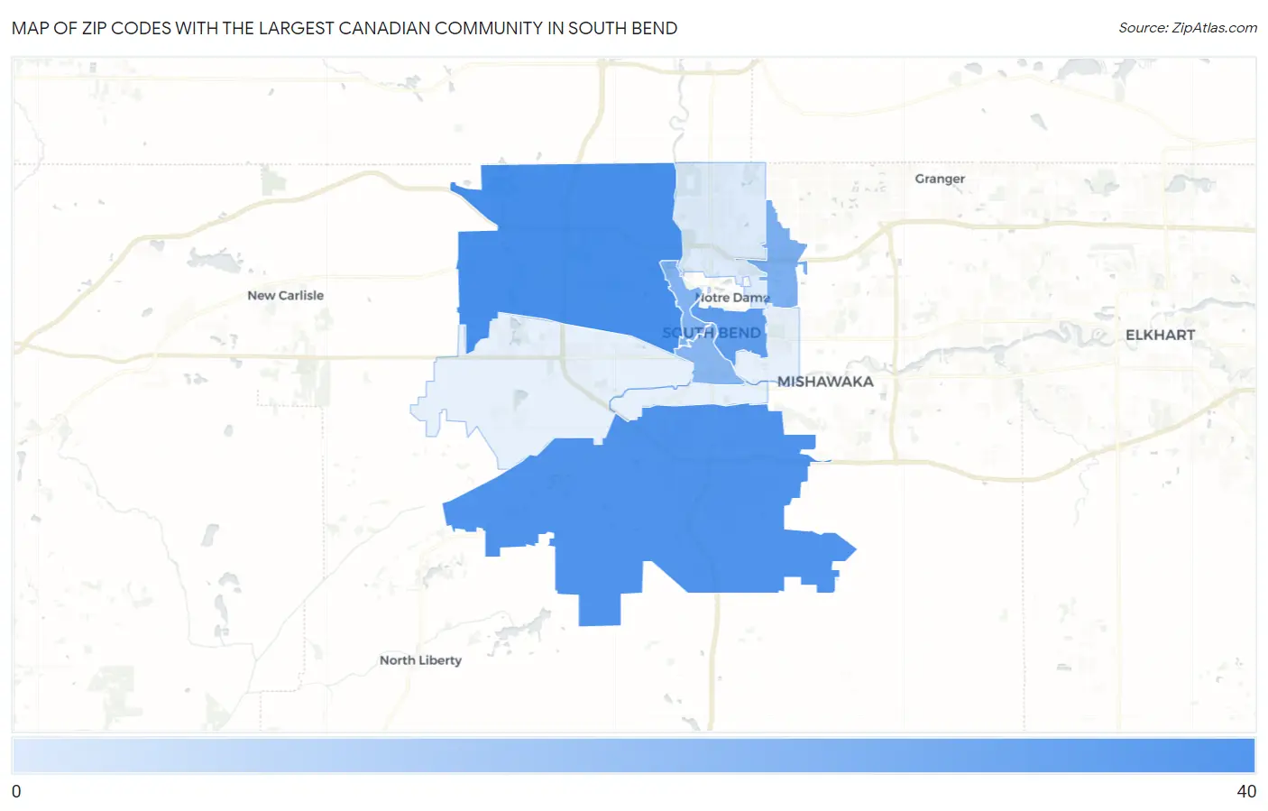Zip Codes with the Largest Canadian Community in South Bend Map