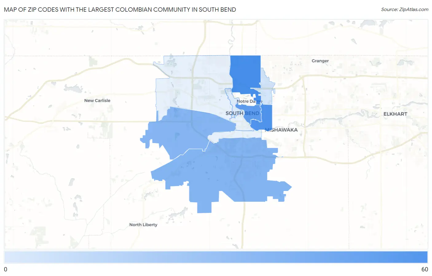 Zip Codes with the Largest Colombian Community in South Bend Map