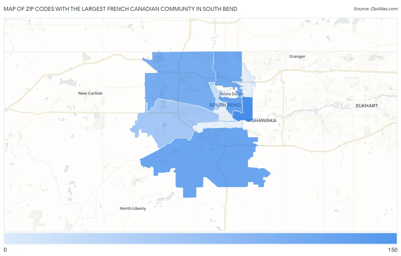 Zip Codes with the Largest French Canadian Community in South Bend Map