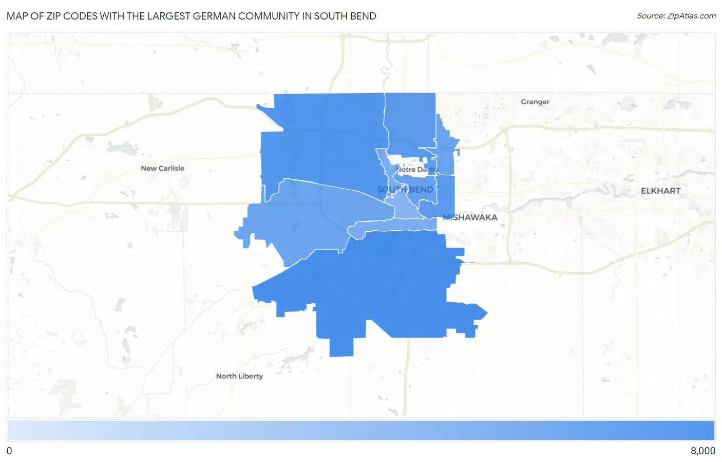 Zip Codes with the Largest German Community in South Bend Map
