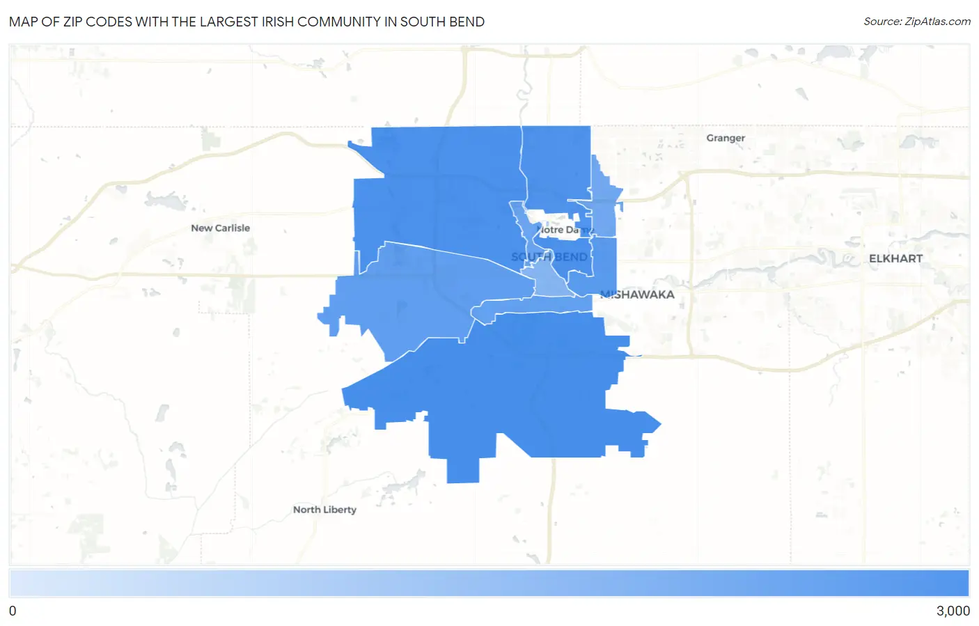 Zip Codes with the Largest Irish Community in South Bend Map
