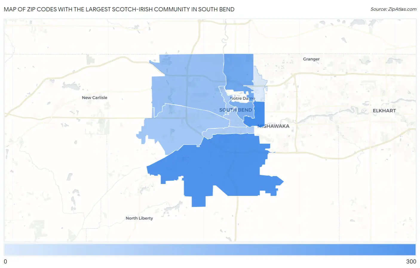 Zip Codes with the Largest Scotch-Irish Community in South Bend Map