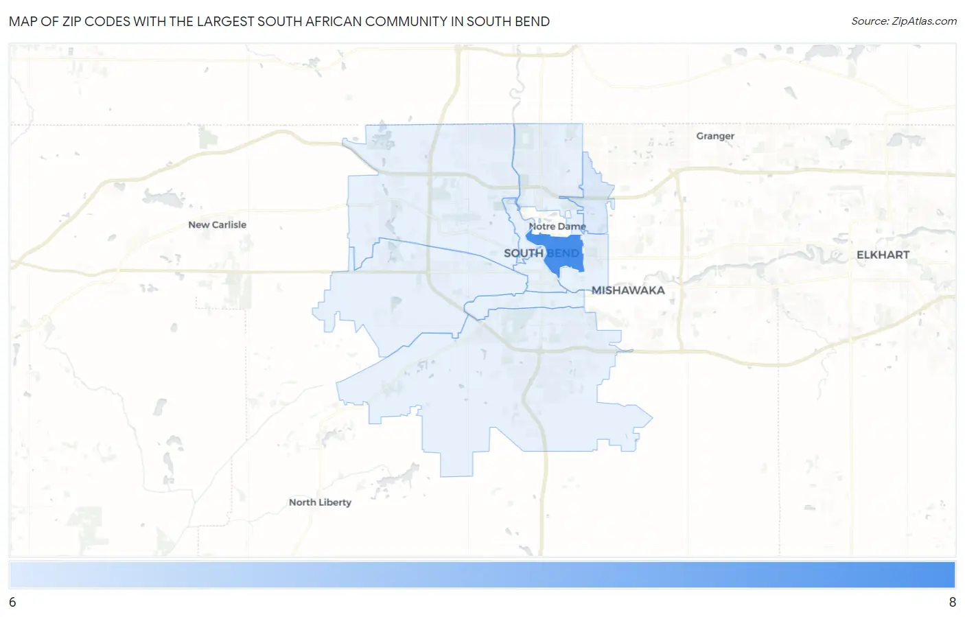 Zip Codes with the Largest South African Community in South Bend Map