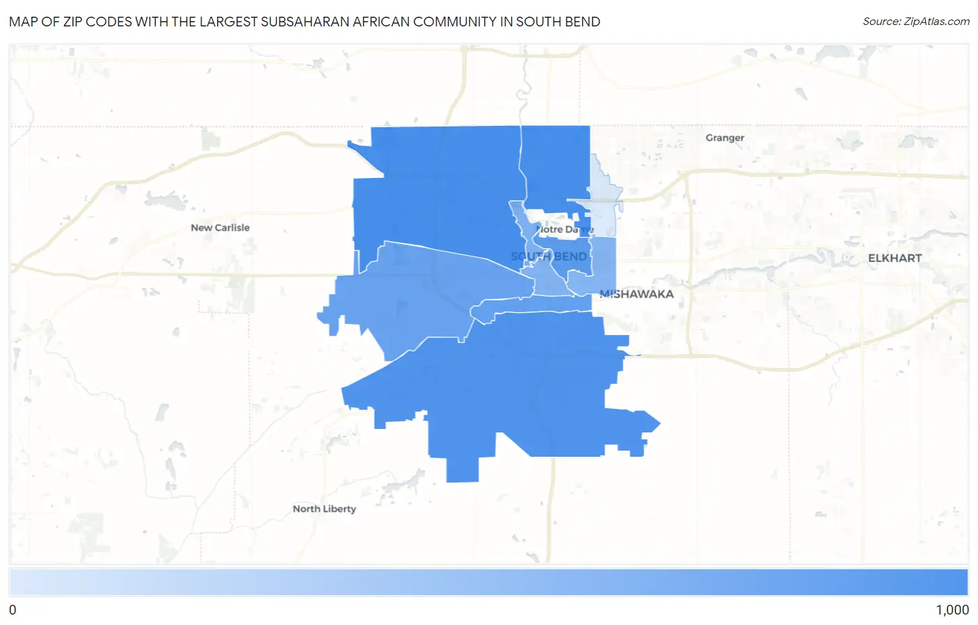 Zip Codes with the Largest Subsaharan African Community in South Bend Map