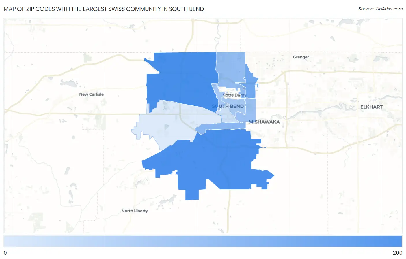 Zip Codes with the Largest Swiss Community in South Bend Map