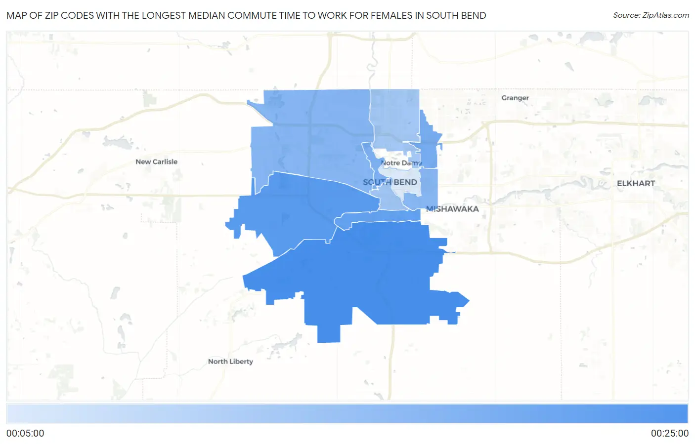 Zip Codes with the Longest Median Commute Time to Work for Females in South Bend Map