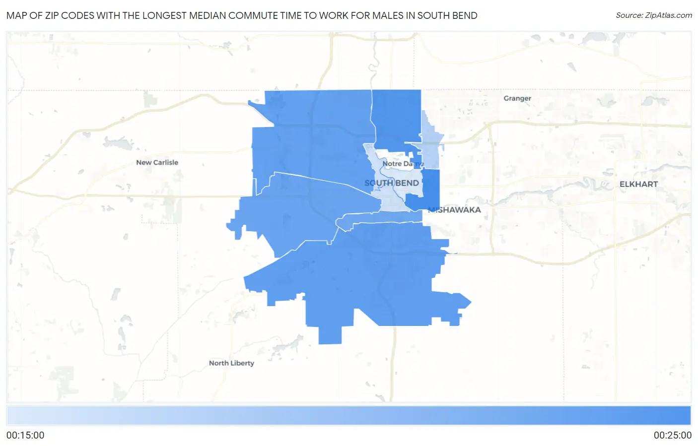 Zip Codes with the Longest Median Commute Time to Work for Males in South Bend Map