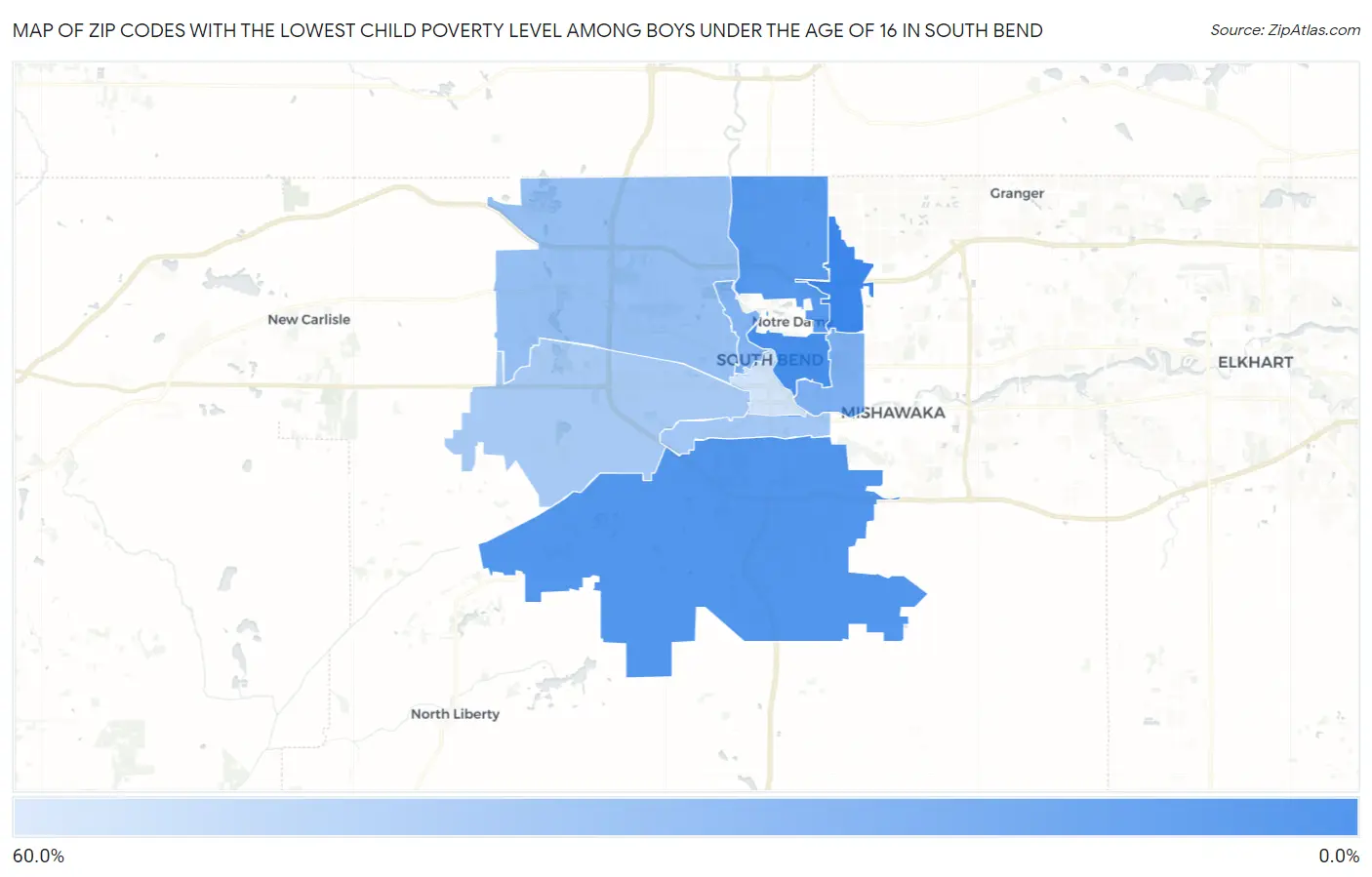 Zip Codes with the Lowest Child Poverty Level Among Boys Under the Age of 16 in South Bend Map