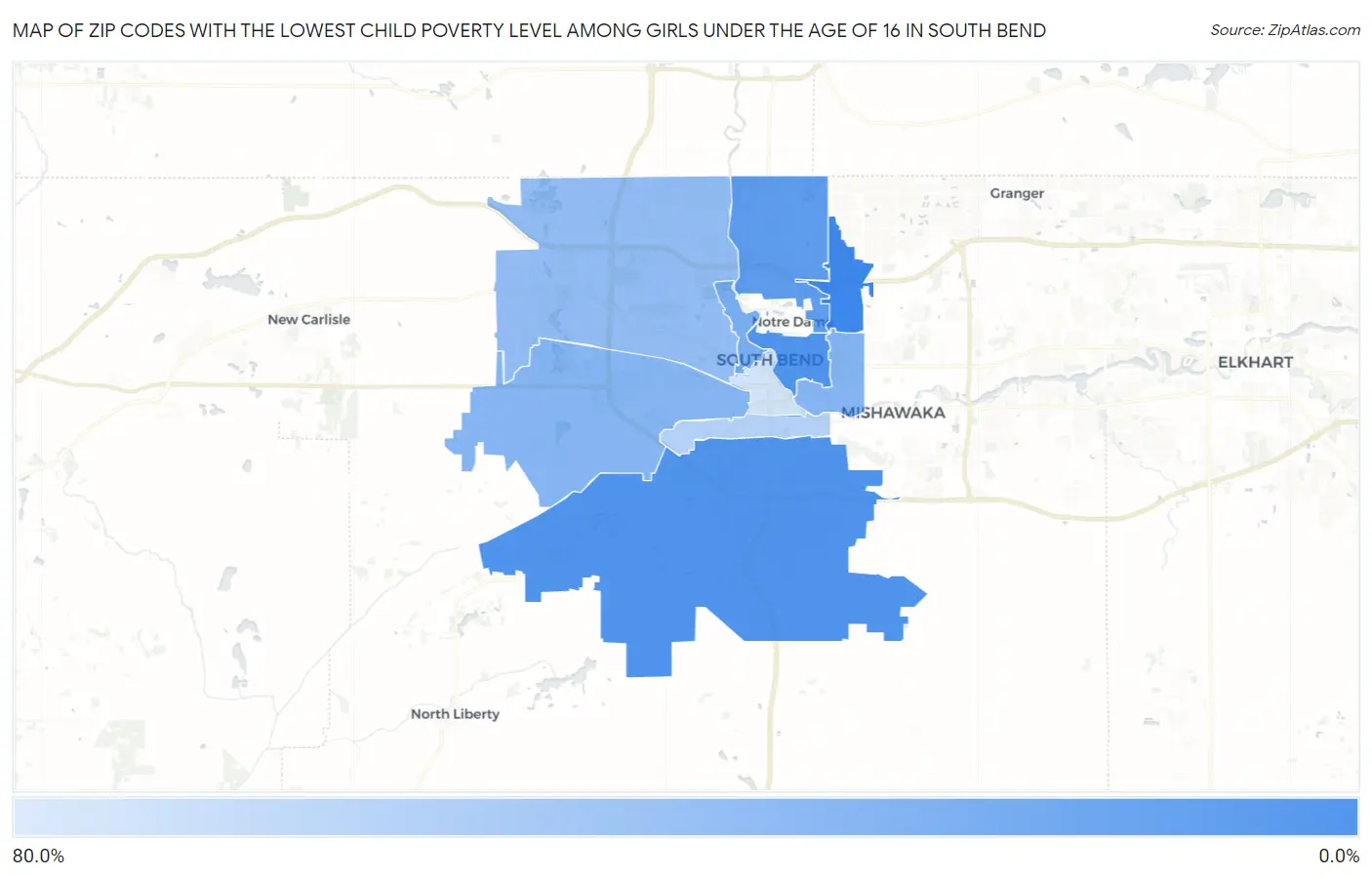 Zip Codes with the Lowest Child Poverty Level Among Girls Under the Age of 16 in South Bend Map