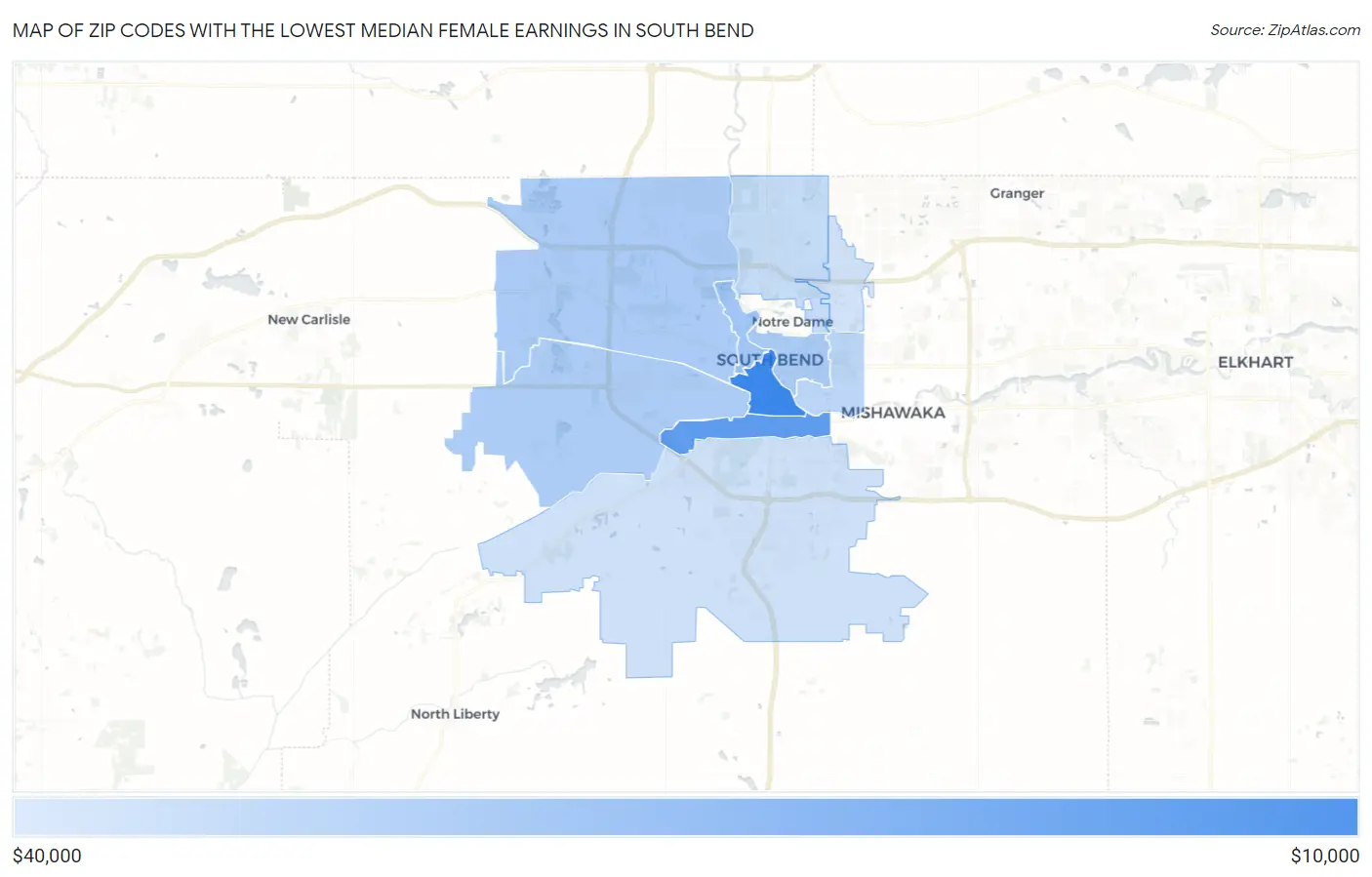 Zip Codes with the Lowest Median Female Earnings in South Bend Map