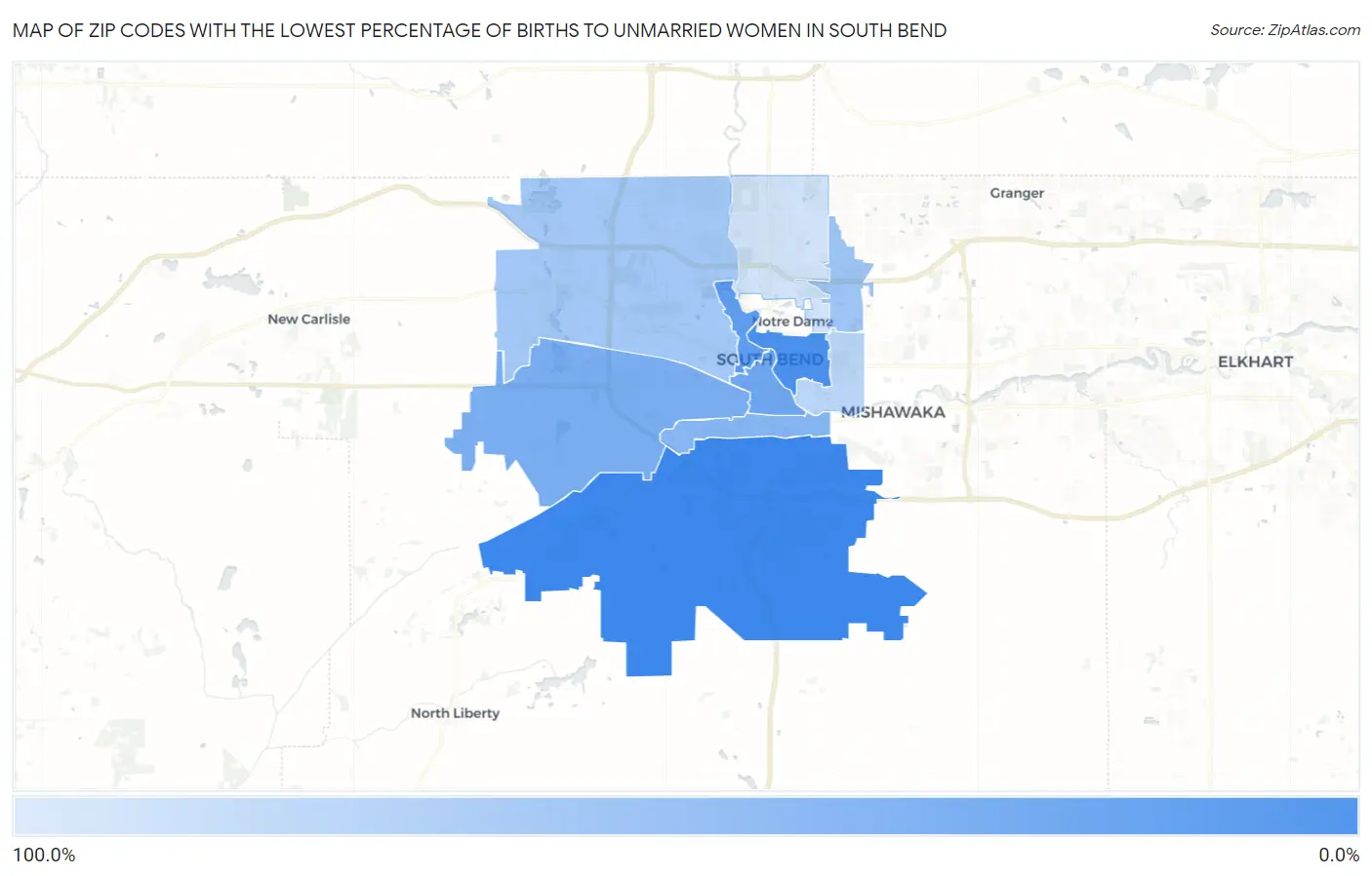 Zip Codes with the Lowest Percentage of Births to Unmarried Women in South Bend Map