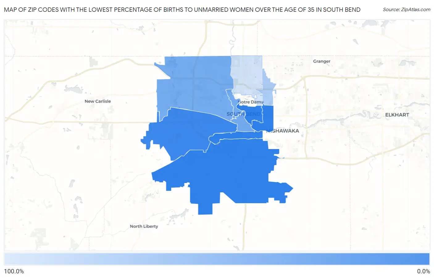 Zip Codes with the Lowest Percentage of Births to Unmarried Women over the Age of 35 in South Bend Map