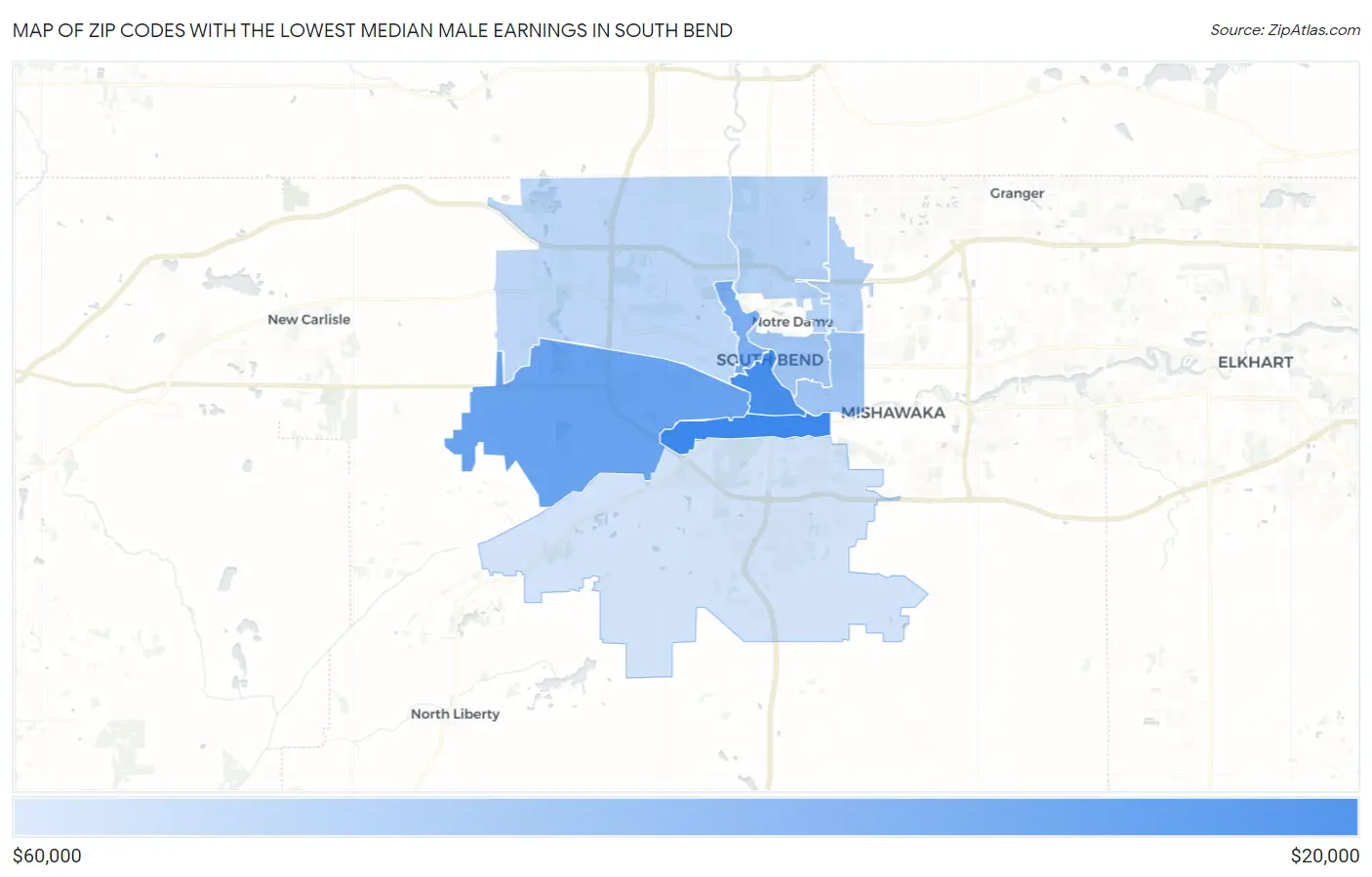 Zip Codes with the Lowest Median Male Earnings in South Bend Map