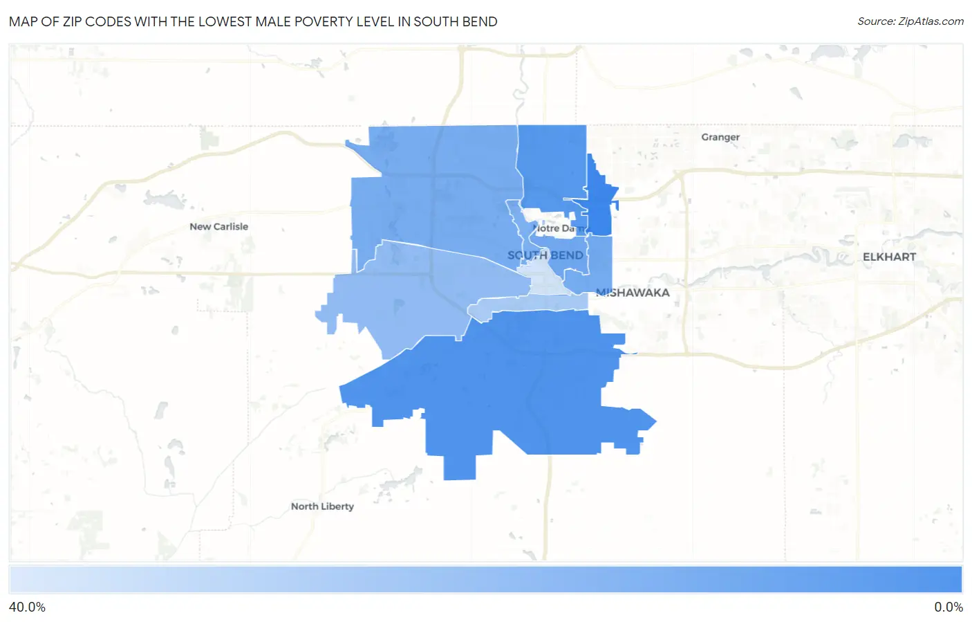 Zip Codes with the Lowest Male Poverty Level in South Bend Map