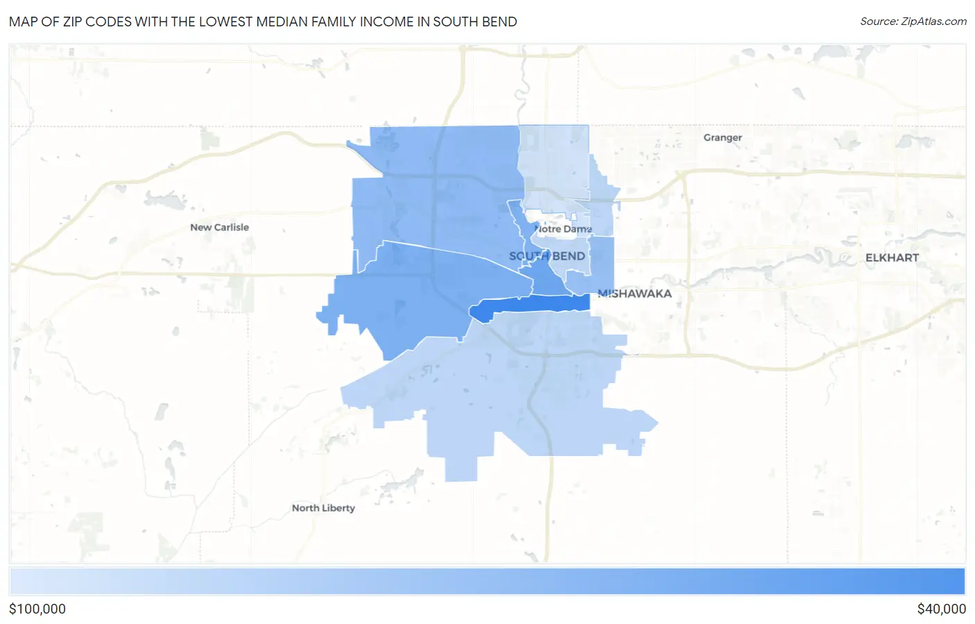 Zip Codes with the Lowest Median Family Income in South Bend Map